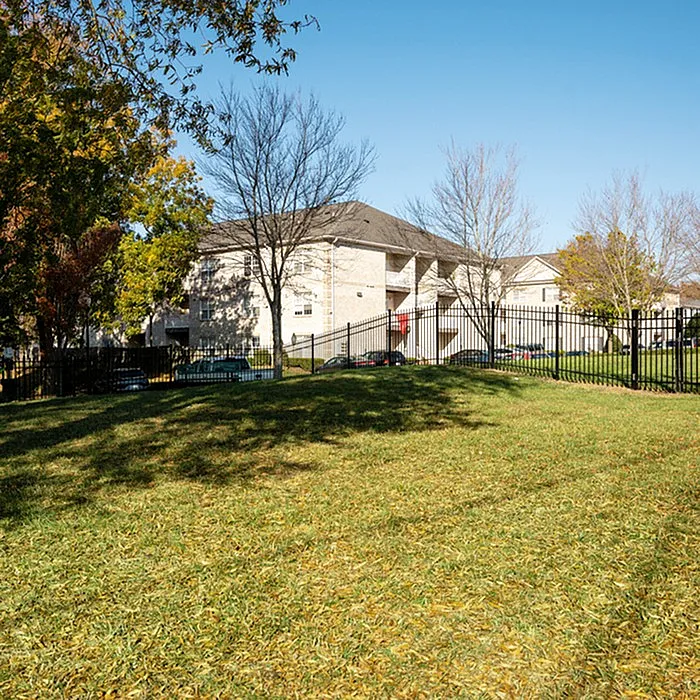 Charming apartment building surrounded by lush green lawn and scenic trees under a clear blue sky.