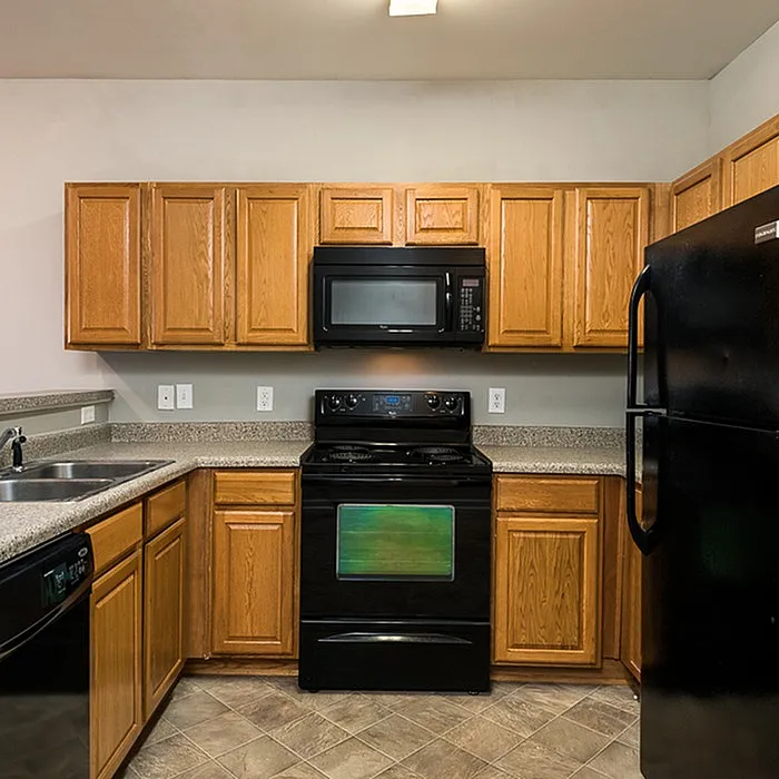 Elegant kitchen with warm wood cabinetry, modern black appliances, and sleek countertops, creating a cozy and functional cooking space.