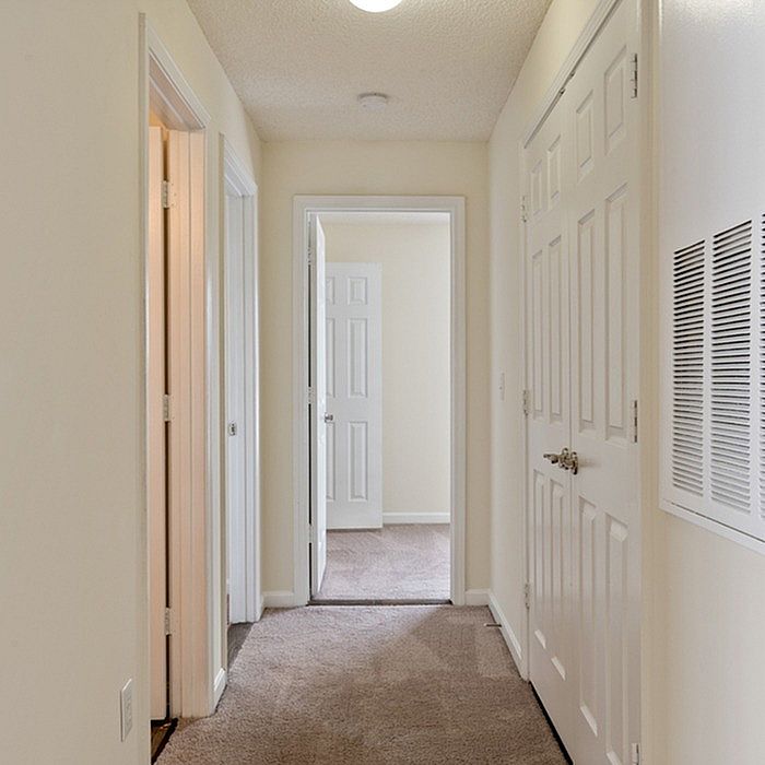 Bright and welcoming hallway with soft carpet flooring and elegant white doors, leading to spacious rooms.