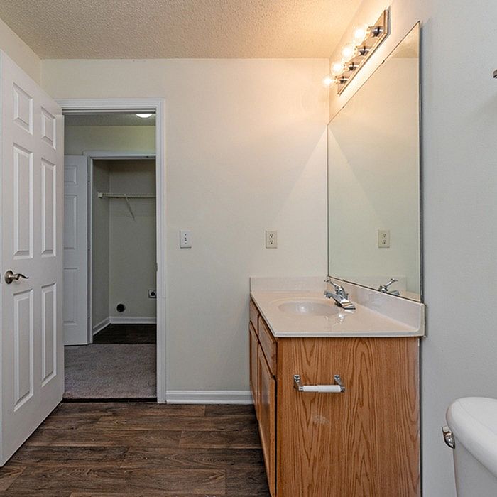 Inviting bathroom with elegant vanity, large mirror, and contemporary lighting leading to a spacious walk-in closet.