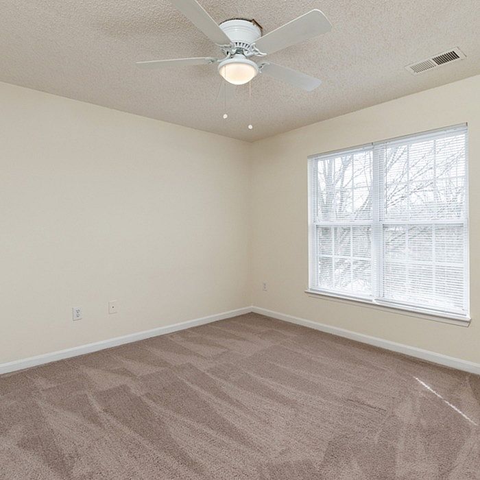 Bright and airy bedroom featuring plush carpeting, a ceiling fan, and large windows inviting natural light.