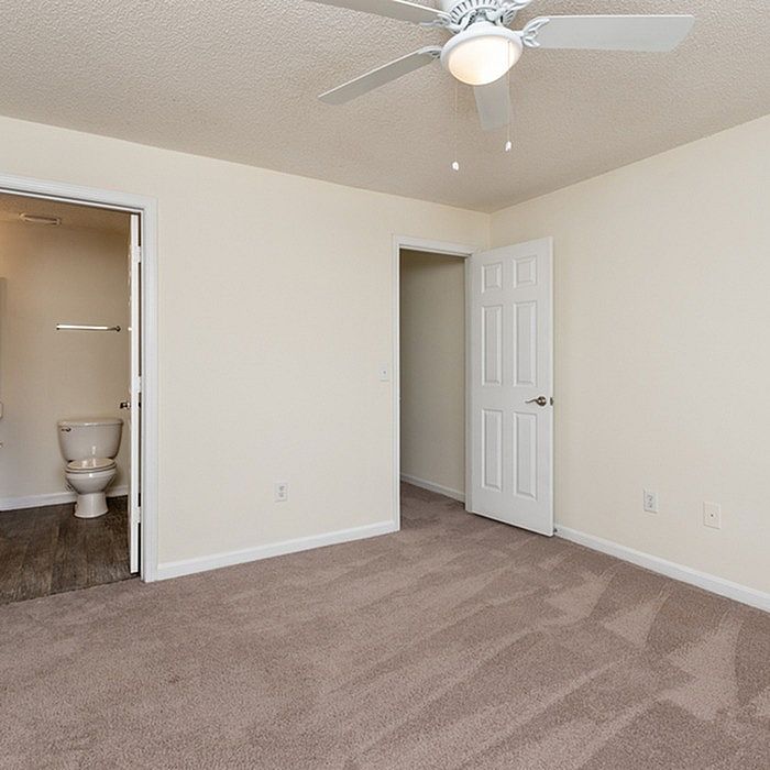 Bright and inviting bedroom with plush carpet, featuring an elegant ceiling fan and a convenient ensuite bathroom.
