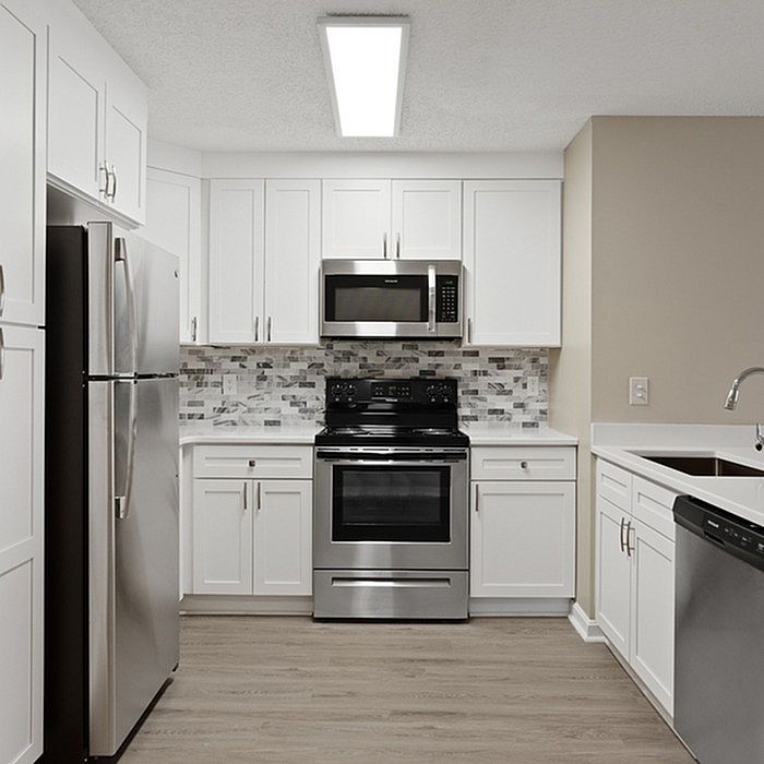 Modern kitchen with sleek stainless steel appliances, pristine white cabinetry, and elegant tile backsplash.