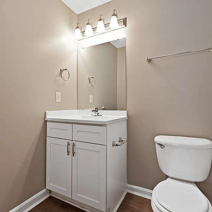 Elegant bathroom with modern lighting, sleek vanity, and classic fixtures in a serene, neutral decor.