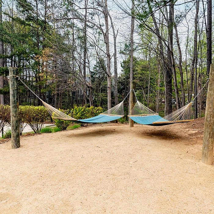 Serene outdoor space featuring inviting hammocks under a canopy of lush trees, perfect for relaxation and enjoying nature.