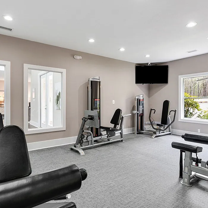 Bright and modern gym with sleek exercise equipment, large windows, and a wall-mounted TV, perfect for fitness enthusiasts.