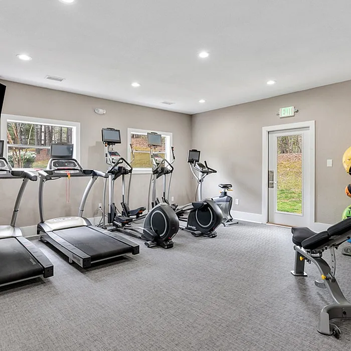 Modern fitness room with state-of-the-art treadmills, exercise bikes, and a weight bench, offering a bright and inviting workout space.