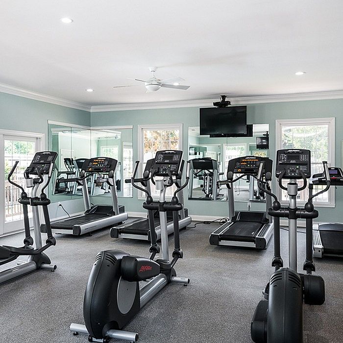 Modern fitness center with state-of-the-art treadmills and mirrored walls, offering a vibrant and motivating workout environment.