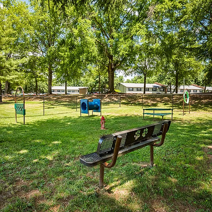 Charming dog park with agility equipment, shaded seating, and lush greenery, perfect for pet-friendly living.