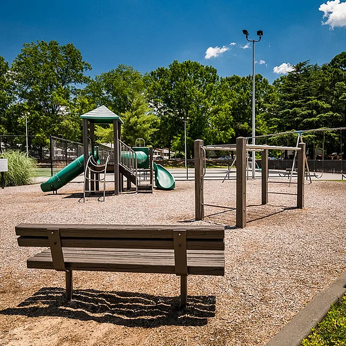 Inviting playground area with slides and swings surrounded by lush greenery, perfect for family fun on a sunny day.