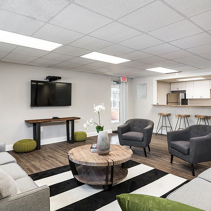 Contemporary living space with stylish furniture, modern decor, and open kitchen design, perfect for urban relaxation.