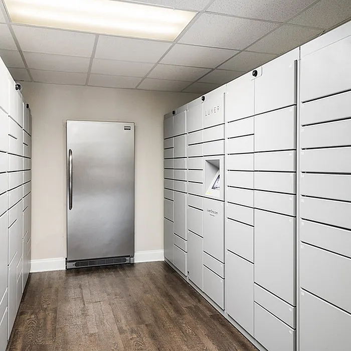 Modern package locker room with sleek metallic lockers and hardwood flooring, offering secure and convenient parcel storage in a stylish setting.