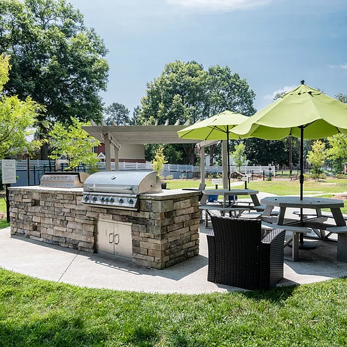 Inviting outdoor barbecue area with stone grill, shaded picnic tables, and lush greenery perfect for entertainment.