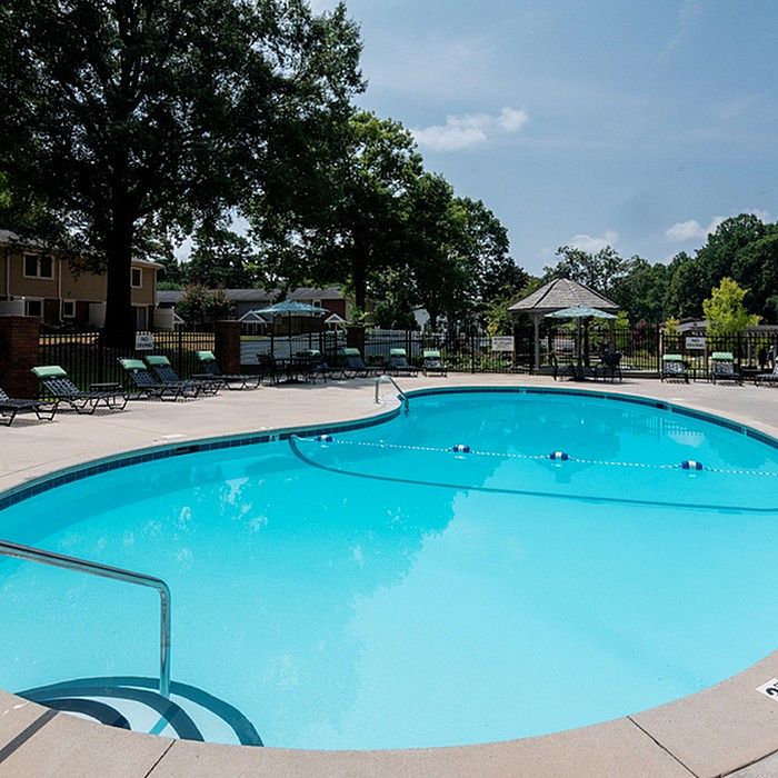 Inviting outdoor swimming pool area with greenery and sun loungers, ideal for relaxation and leisure in a serene residential setting.