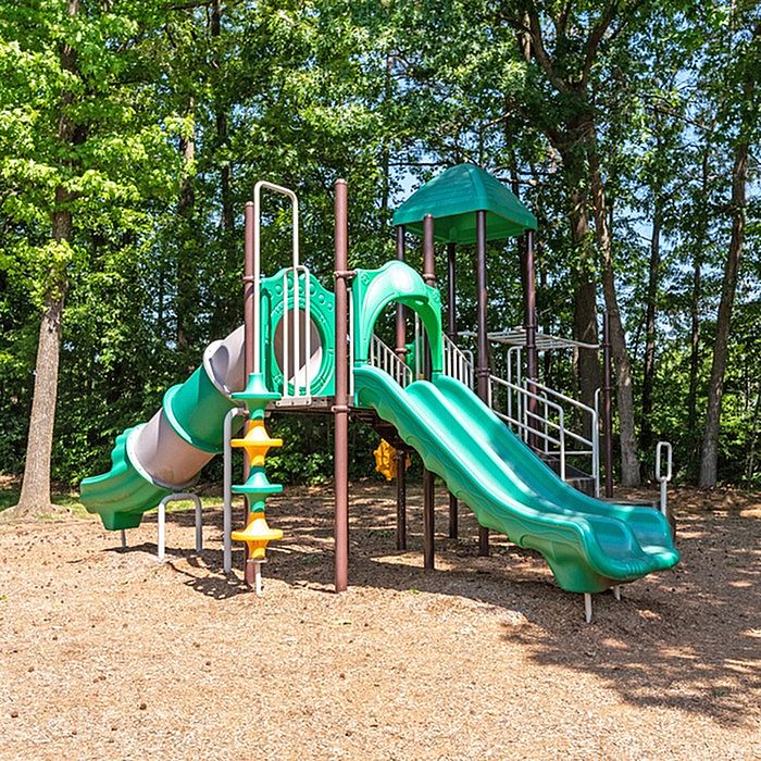 Inviting playground with vibrant green slides and climbing structures surrounded by lush trees, perfect for family outdoor fun.
