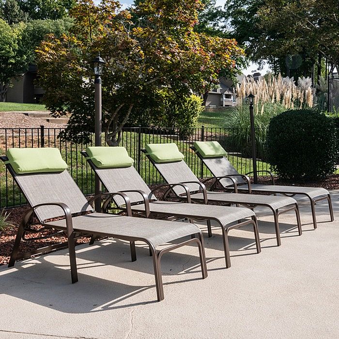 Inviting outdoor relaxation area with four stylish lounge chairs, perfect for soaking up the sun in a serene garden setting.