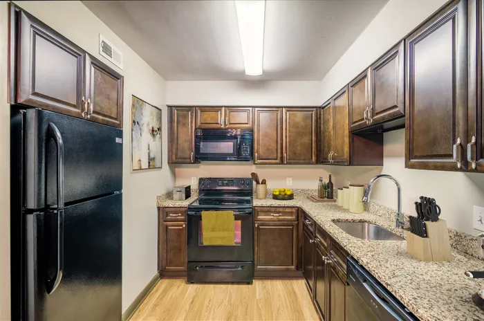 Elegant kitchen with sleek dark wood cabinets, modern appliances, and granite countertops accentuated by ambient lighting.