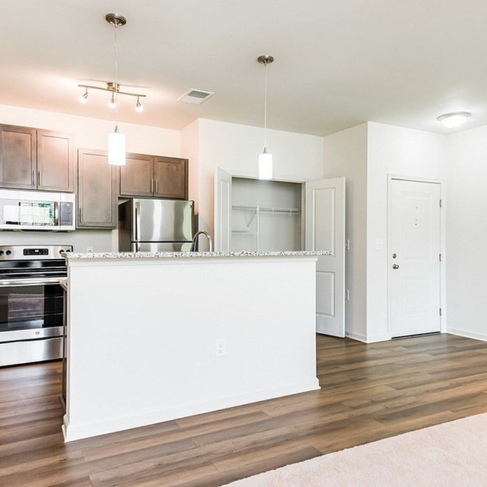 Elegant open kitchen with modern stainless steel appliances and sleek cabinetry in a bright, welcoming space.