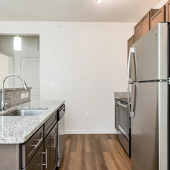Modern kitchen with sleek granite countertops, stainless steel appliances, and elegant hardwood flooring.