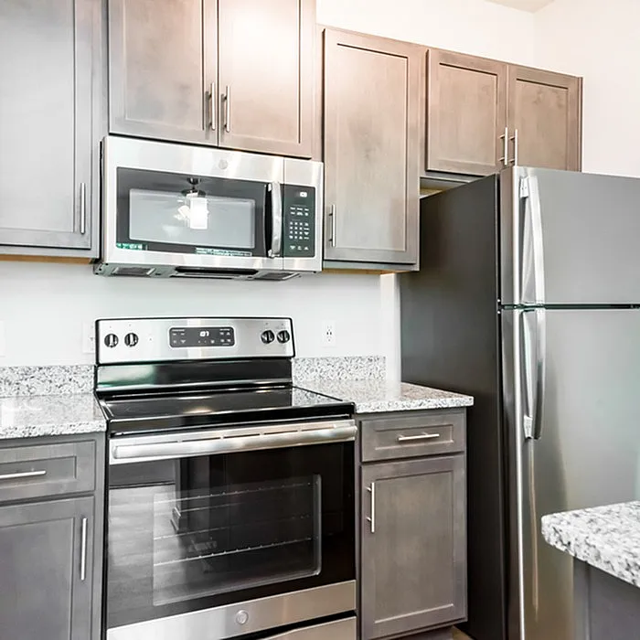 Modern kitchen with sleek stainless steel appliances, granite countertops, and stylish cabinetry.