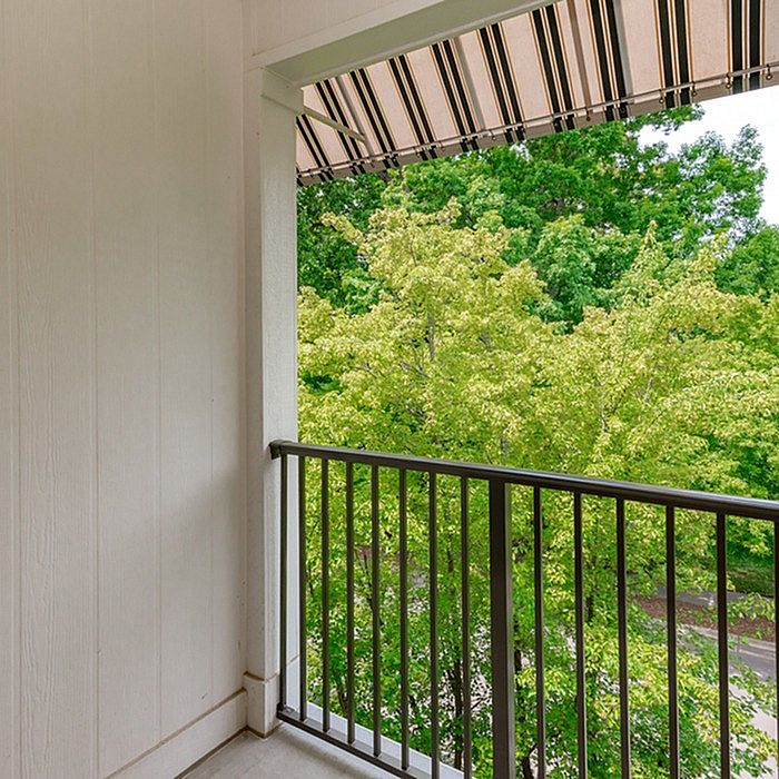 Charming apartment balcony with elegant awning overlooking lush green trees, offering a serene and peaceful view.