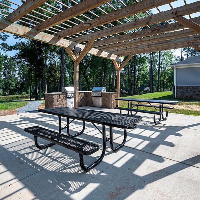 Charming outdoor patio with pergola, featuring picnic tables and a barbecue grill, set against a lush green backdrop.