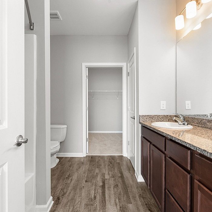 Elegant bathroom with modern fixtures, granite countertop, and spacious walk-in closet, featuring sleek wood flooring.