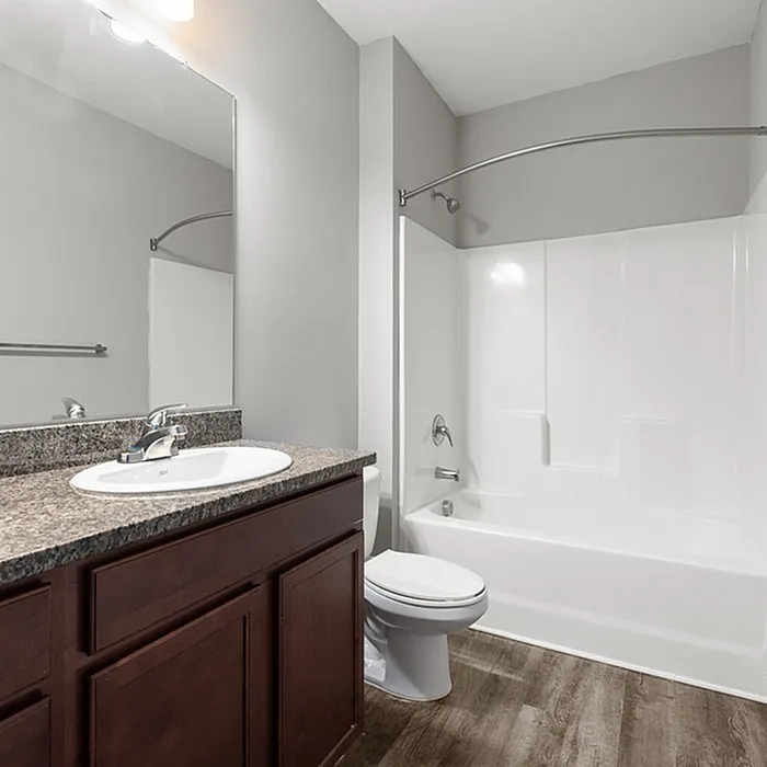 Elegant bathroom with modern fixtures, sleek granite countertop, and a pristine bathtub, set against stylish gray walls.