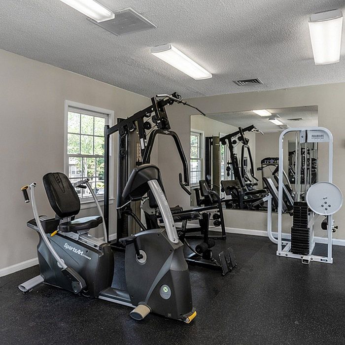 Contemporary home gym with modern fitness equipment, featuring exercise bike and weight machines, surrounded by mirrored walls and natural light.