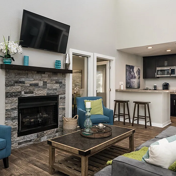 Chic open-concept living area with modern stone fireplace, sleek kitchen, and cozy seating, perfect for relaxing and entertaining.