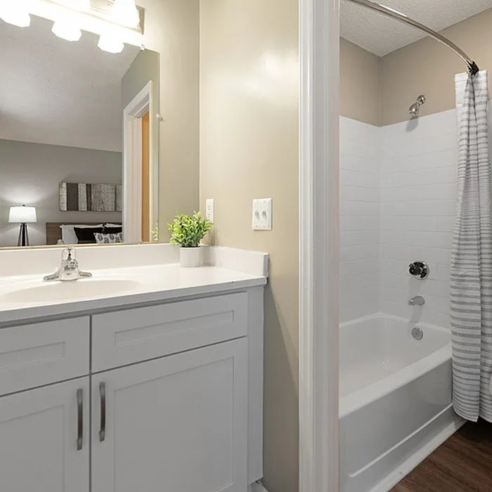 Modern bathroom with elegant vanity, inviting tub, and cozy bedroom view, perfect for relaxation.