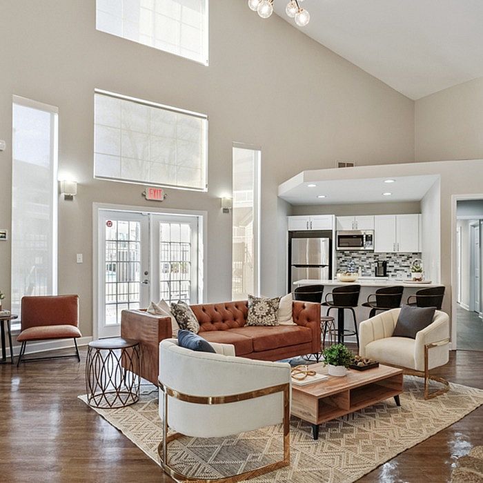 Bright and modern open-concept living room with chic furniture, sleek kitchen, and abundant natural light.