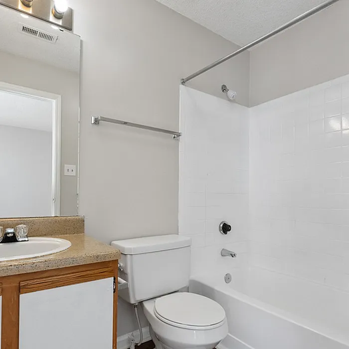 Bright and inviting bathroom with modern fixtures, featuring a sleek vanity, large mirror, and elegant bathtub.