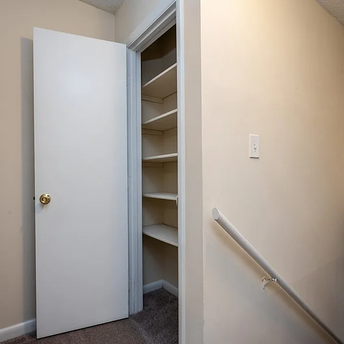 Spacious hallway closet with ample shelving, perfect for organized storage in a modern apartment.