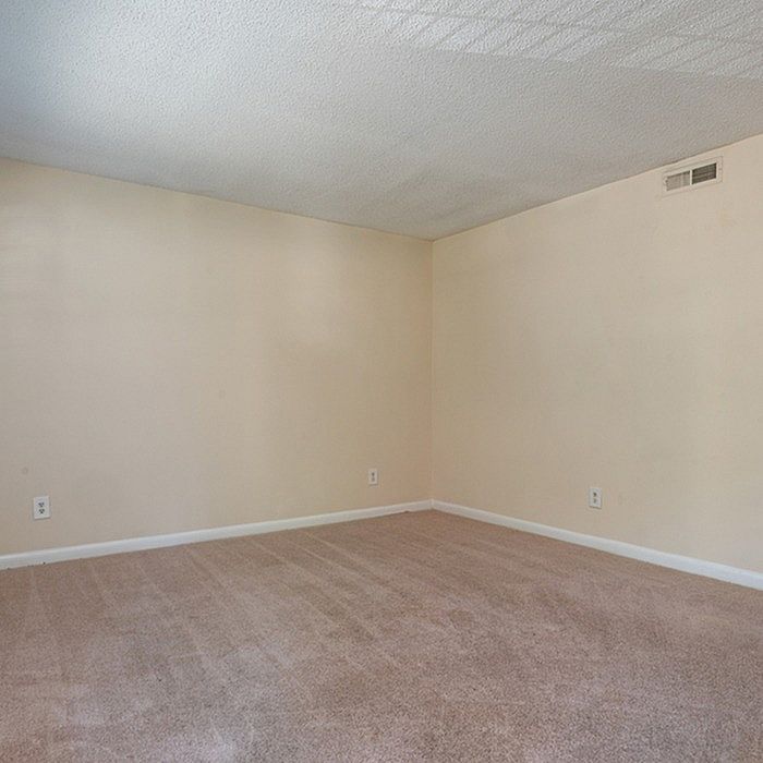 Bright, spacious empty room with plush carpeting and clean walls, perfect for personalization.