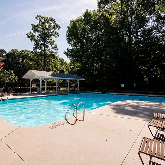 Inviting swimming pool surrounded by lush greenery and comfortable lounging chairs, perfect for relaxation and leisure.