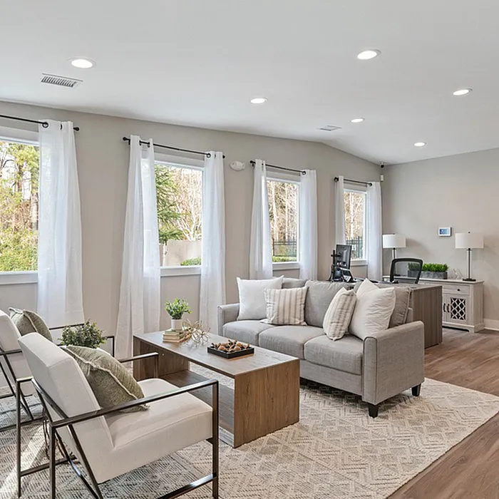 Elegant living room with modern decor, featuring a cozy gray sofa, stylish wooden coffee table, and ample natural light from large windows with sheer curtains.