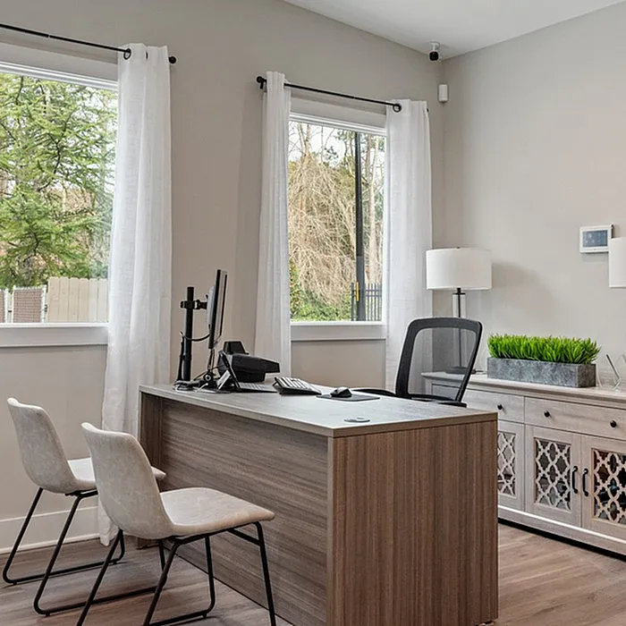 Elegant home office with a sleek wooden desk, ergonomic chair, and natural light streaming through large windows.