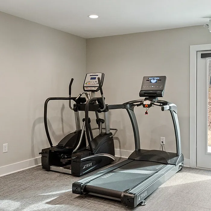 Modern home gym with state-of-the-art treadmill and elliptical machine in a bright, inviting space.