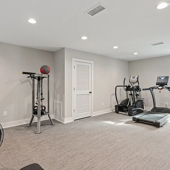 Bright home gym featuring sleek cardio machines and versatile workout equipment in a modern, open space.