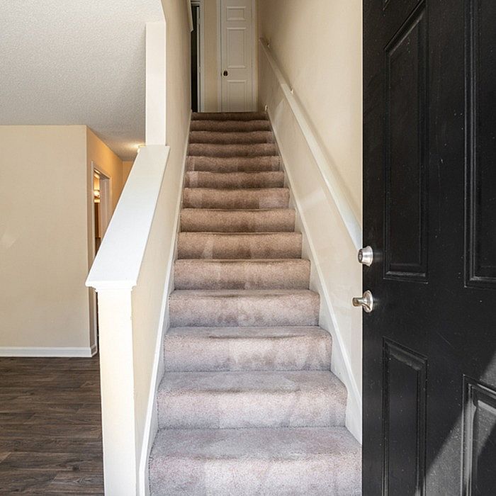 Welcoming entryway with carpeted stairs leading to a bright, inviting space, featuring a sleek black door and warm wood floors.