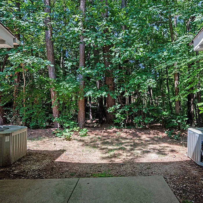 Inviting backyard showcasing lush green woods, offering a serene escape and natural privacy.
