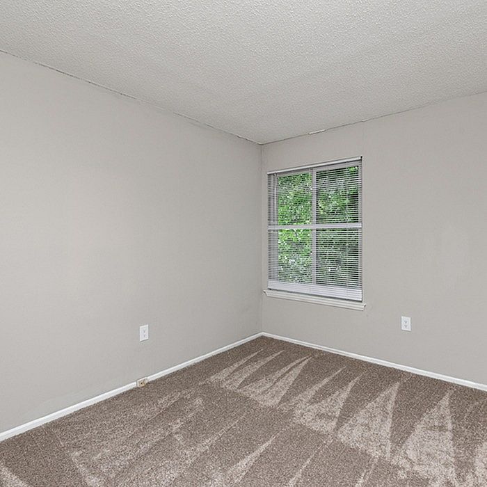 Bright and inviting room with plush carpet and a large window overlooking greenery, creating a cozy and serene atmosphere.