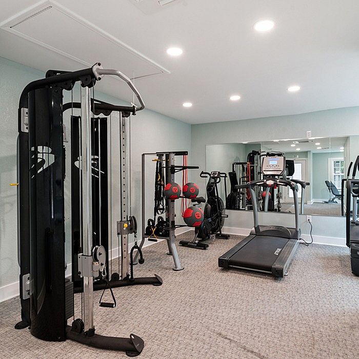 Contemporary fitness room featuring modern gym equipment including a treadmill, weight machine, and exercise balls, perfect for a home workout.