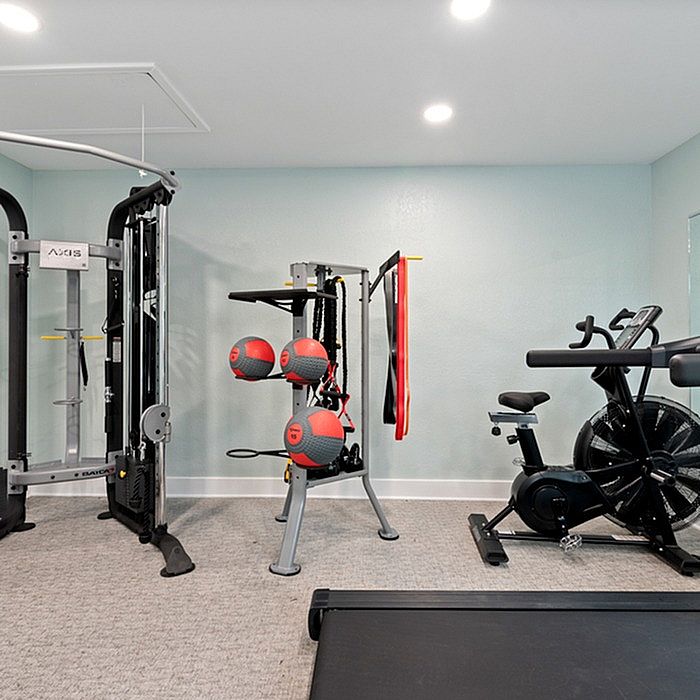 Modern home gym equipped with versatile fitness machines, resistance bands, and medicine balls for a complete workout experience.