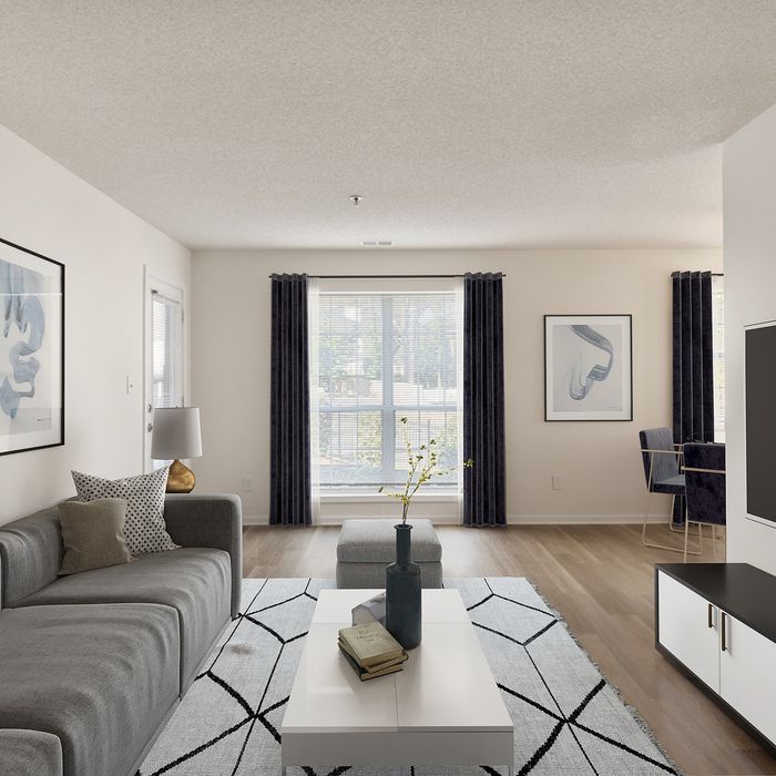 Modern living space with sleek gray sofa, tasteful decor, and bright sunlight filtering through large windows, creating an inviting and stylish atmosphere.