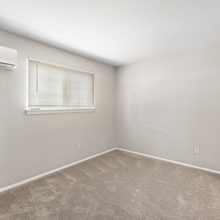 Bright and airy bedroom with plush carpeting and ample natural light from a wide window, perfect for relaxation.