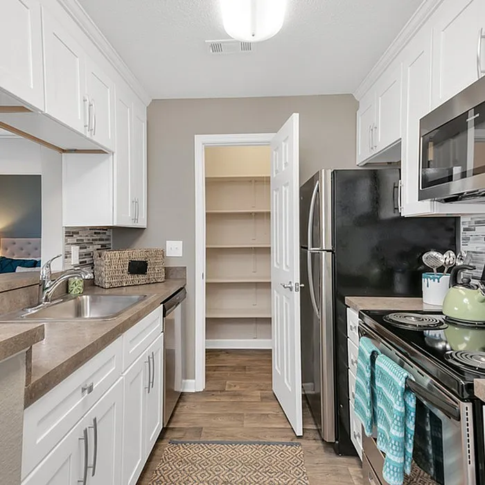 Modern kitchen with sleek stainless steel appliances, white cabinetry, and spacious pantry, creating a functional and inviting cooking space.