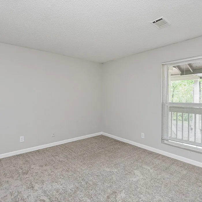 Bright and airy empty room with soft carpet flooring and a large window overlooking green scenery.