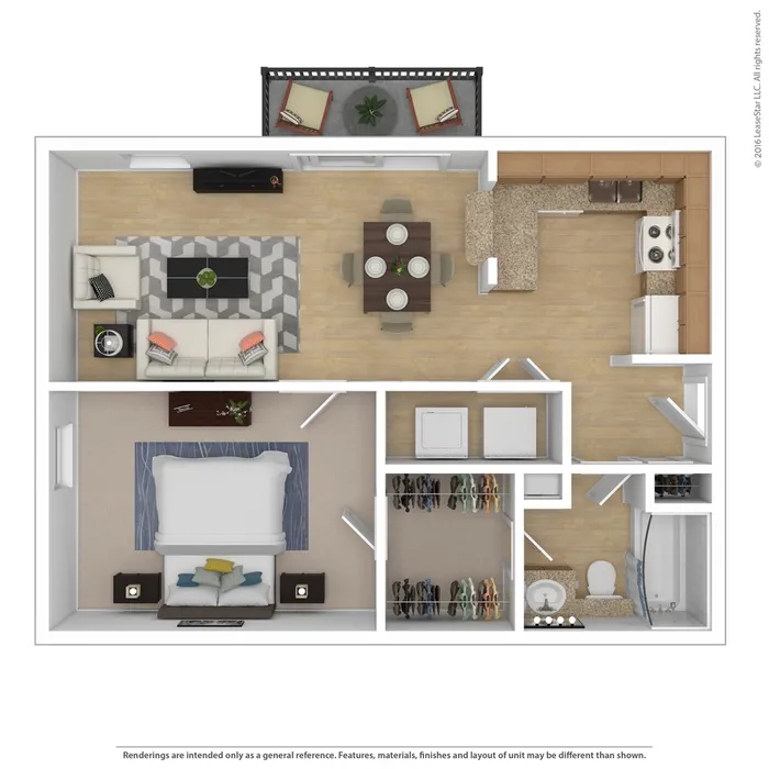 2D floor plan of a stylish one-bedroom apartment with a modern living area, dining space, and efficient kitchen.